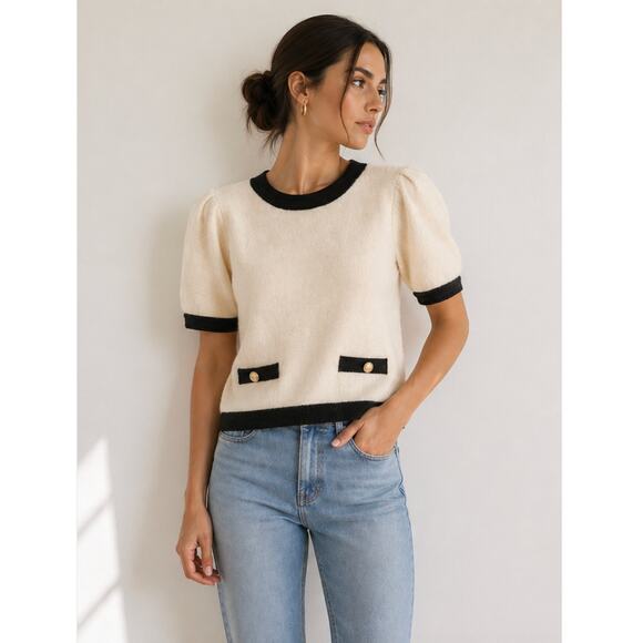 English Factory Tops - English Factory Cream Puff Sleeve Sweater Top Black Trim Gold M
